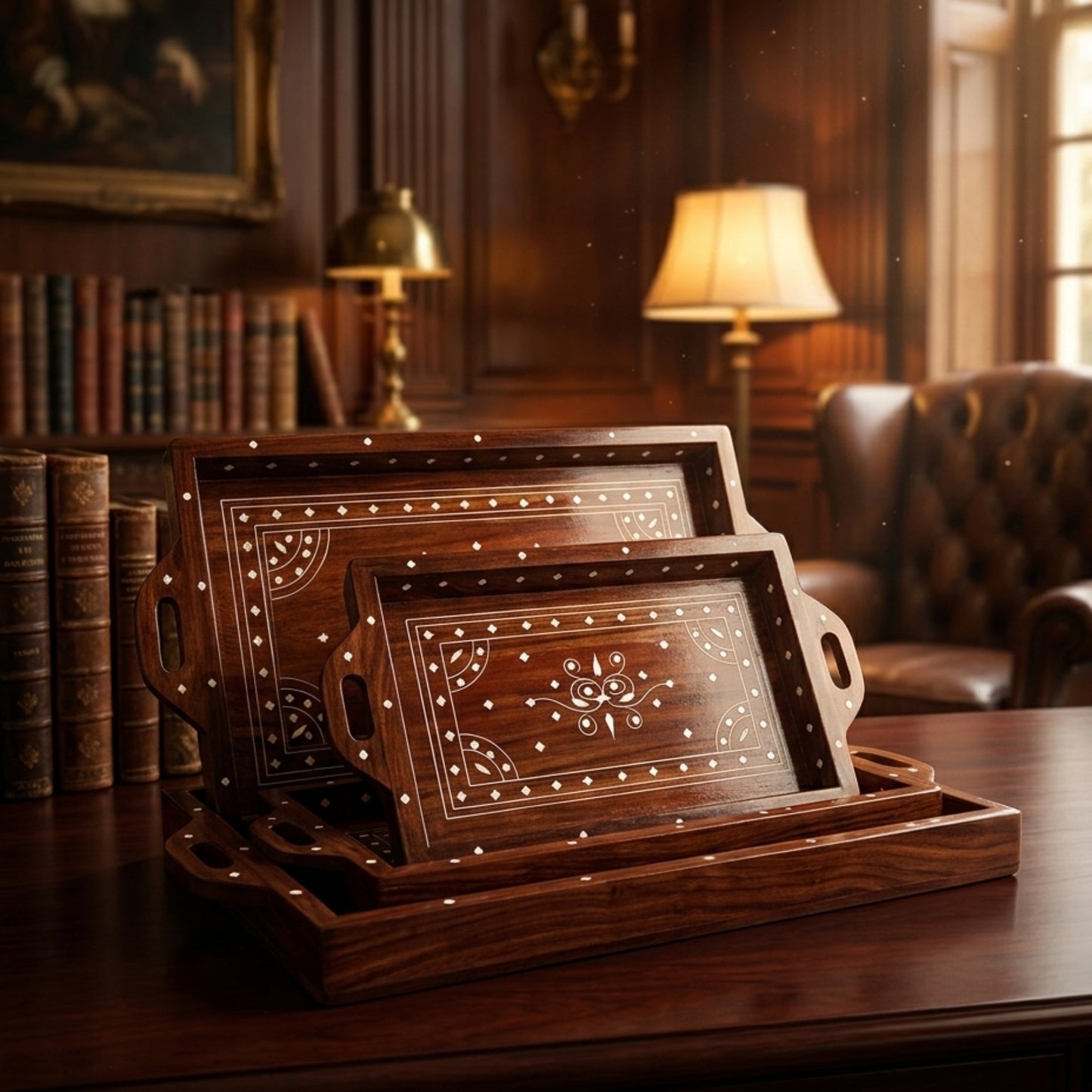 Wooden Handmade Tray Set With White Inlay Work