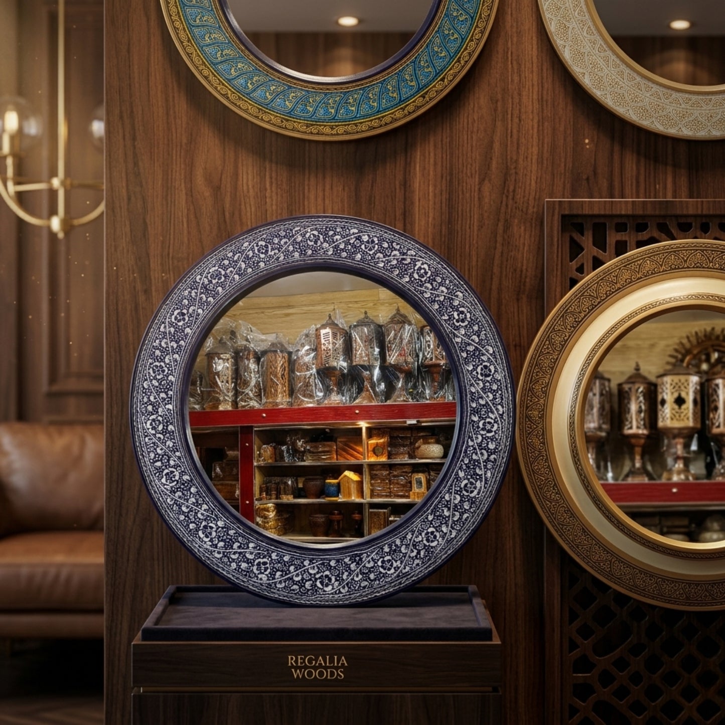Ornamental circular wall mirror (artisan‑crafted frame).