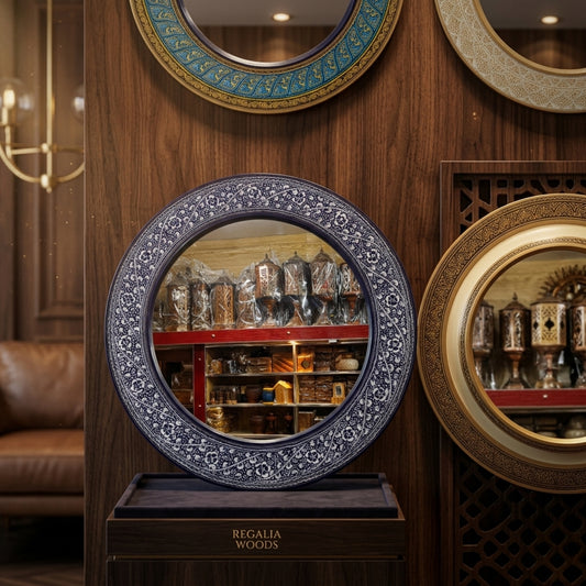 Ornamental circular wall mirror (artisan‑crafted frame).