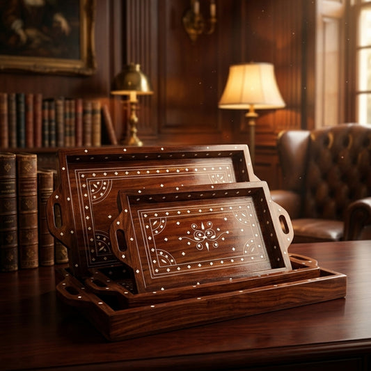 Wooden Handmade Tray Set With White Inlay Work